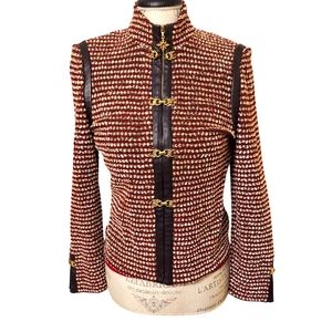 St. John Marie Gray Leather Trim Tweed Zip Front Blazer Sz 4 And Top Sz S